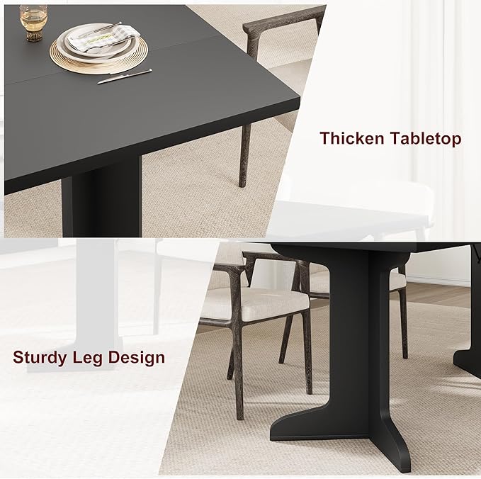 71" Dining Table for 6 to 8 People, Modern Dinner Table with Unique Wooden Legs, Rectangle Dining Table for Kitchen, Dining Room & Living Room, Black