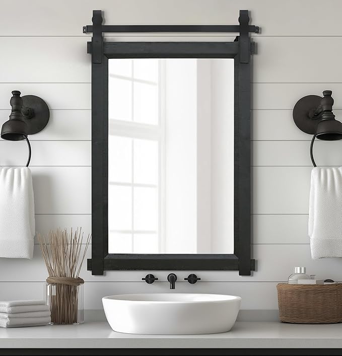 Rustic Barn Door Mirror: 24"x36" Black Farmhouse Wood Frame - Wall Mirror for Entryway/Bathroom/Living Room Wall Decor