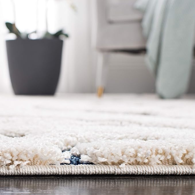 SAFAVIEH Florida Shag Collection Area Rug - 11' Round, Cream & Blue, Scroll Design, Non-Shedding & Easy Care, 1.2-inch Thick Ideal for High Traffic Areas in Living Room, Bedroom (SG455-1165)