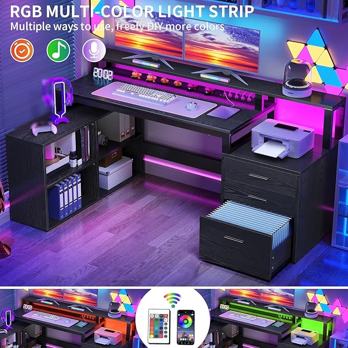 DWVO L Shaped Desk with Drawers, 65" Computer Desk with Power Outlets & LED Lights, Corner Home Office Desk with Storage Shelves & Printer Stand, Black