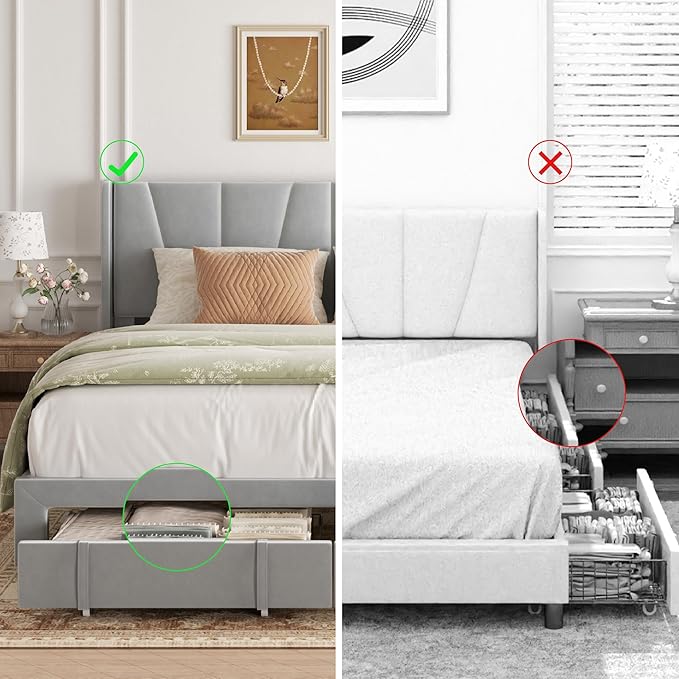 King Bed Frame with Storage Drawers, Upholstered Platform Bed with Headboard and Wingboard, No Box Spring Needed, NO Noise, Easy Assembly, Wooden Support Slats,Light Grey