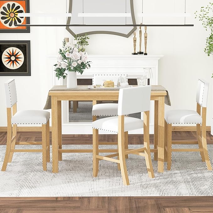 Ball & Cast 5 Piece Wood Dining Table Set with 4 Upholstered Chairs,Kitchen Table and Chairs for 4 W/ 52" Rectangle Desk,for Restaurant,Home Bistro,Natural Wood Wash