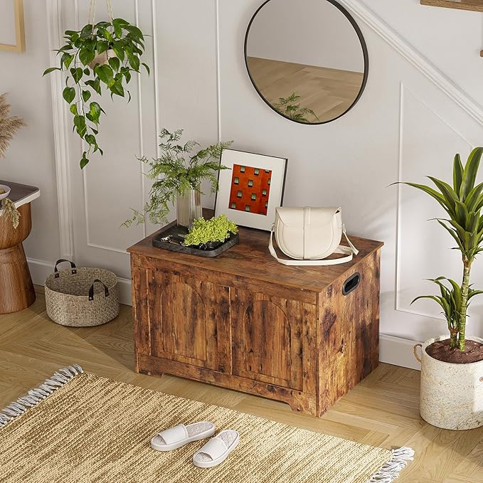 DINZI LVJ Storage Chest, 31.5”Wooden Storage Box with 2 Safety Hinges, Entryway Shoe Bench with Flip-Top, Sturdy Trunk for Living Room, Bedroom, Easy Assembly, Rustic Brown