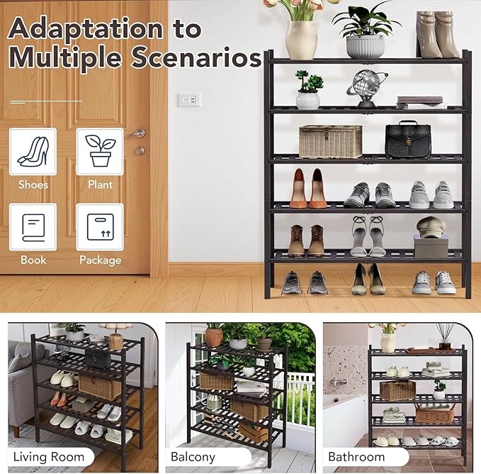Haddockway 5 Tier Bamboo Shoe Rack Storage Organizer, Multifunctional Free Standing Stackable Shoe Shelf with Grid Panel for Closet,Hallway,Entryway,Small Space 27"x11"x32" (Brown, 5 Tier)