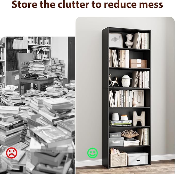82" Tall Bookshelf, 7-Tier Open Shelves Bookcase, Freestanding Display Storage Shelves, Tall Bookcase Home Decor Furniture for Home Office, Living Room, Bedroom, Black