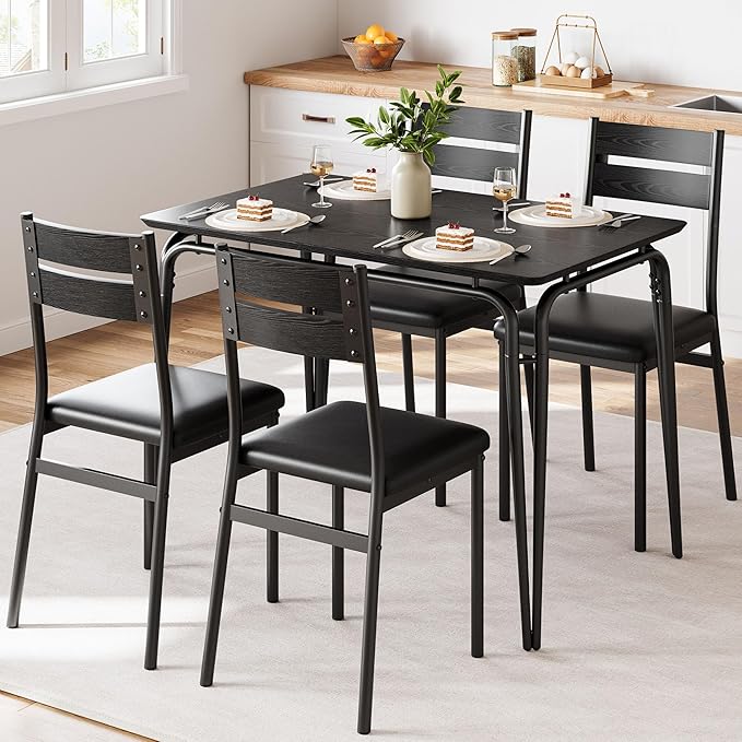 Dining Table for 4, Small Table and Chairs Set of 4, Square Dinette Set for 4, 5 Piece Kitchen & Dining Room Sets for Small Space (Black, Table with 4 Upholstered Chairs)