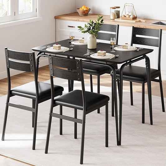 Dining Table for 4, Small Table and Chairs Set of 4, Square Dinette Set for 4, 5 Piece Kitchen & Dining Room Sets for Small Space (Black, Table with 4 Upholstered Chairs)
