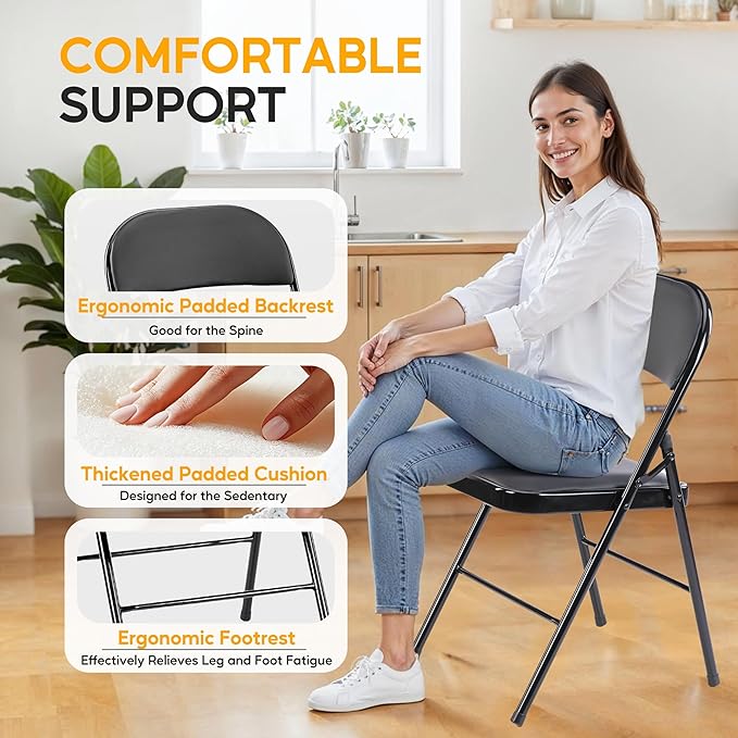 HealSmart 2 Pack Folding Chairs with Padded Leather Cushion Seats, Sturdy Metal Frame, Stackable Portable Design for Indoor Outdoor Use, Commercial Event Party Office Home Chairs, Black