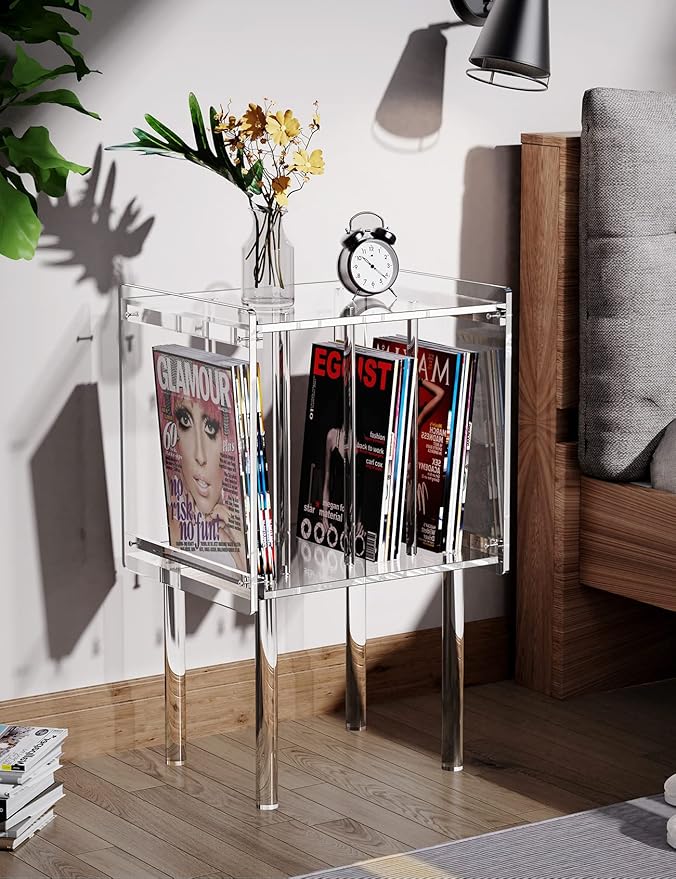 Acrylic Record Player Stand, with Vinyl Storage, Clear Acrylic Side Table (Clear)