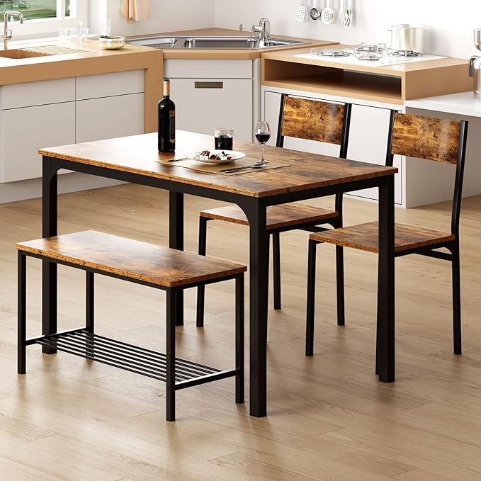 SogesHome 4-Piece Dining Table Set for 4 - Space-Saving Kitchen Set with Bench and Chairs, Ideal for Restaurants and Coffee Shops, Vintage Brown