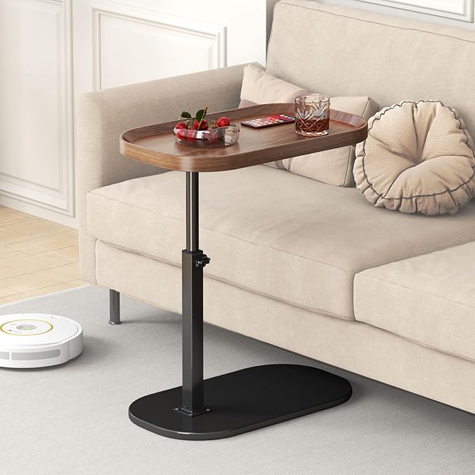 C Shaped Side Table Adjustable Height, 360°Swivel C Shaped End Table, Couch Side Tables That Slide Under, Small Coffee C Table End Table for Sofa/Bed/Bathtub, Rotating Elevate Tabletop (walnut)
