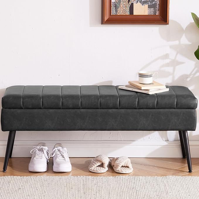 CUYOCA Storage Ottoman Bench, 43.5" Faux Leather Upholstered Entryway Bench, Long Ottoman with Storage for Living Room, Support 660lbs - Black