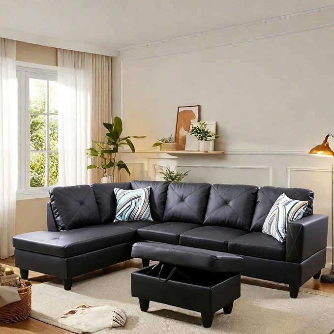 L Shaped Sectional Couch with Otttoman, 97" Leather Sectional Sofa for Living Room Modular Couches with Cup Holders for Bedroom, Apartments, Black