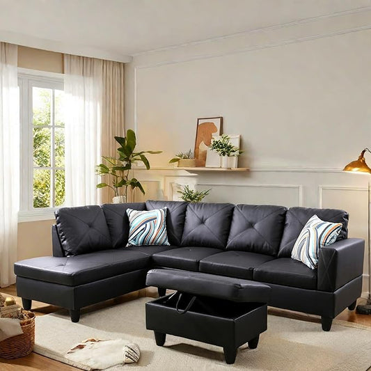 L Shaped Sectional Couch with Otttoman, 97" Leather Sectional Sofa for Living Room Modular Couches with Cup Holders for Bedroom, Apartments, Black