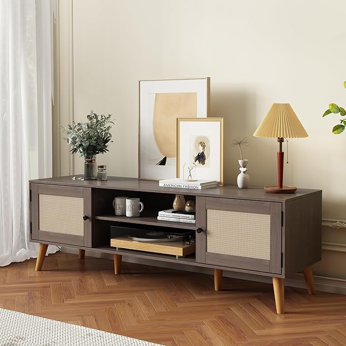 TV Stand for TVs up to 65 inches, Rattan Grain Finish Panel with 2 Storage cabinets, Modern Minimalist Style, Living Room, Audio-Visual Room for Multiple Rooms,3 Colors Available (Oak)