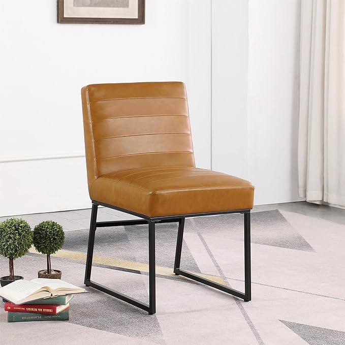 HomePop Channeled Metal Dining Chair Home Décor | Single Pack - Brown Faux Leather