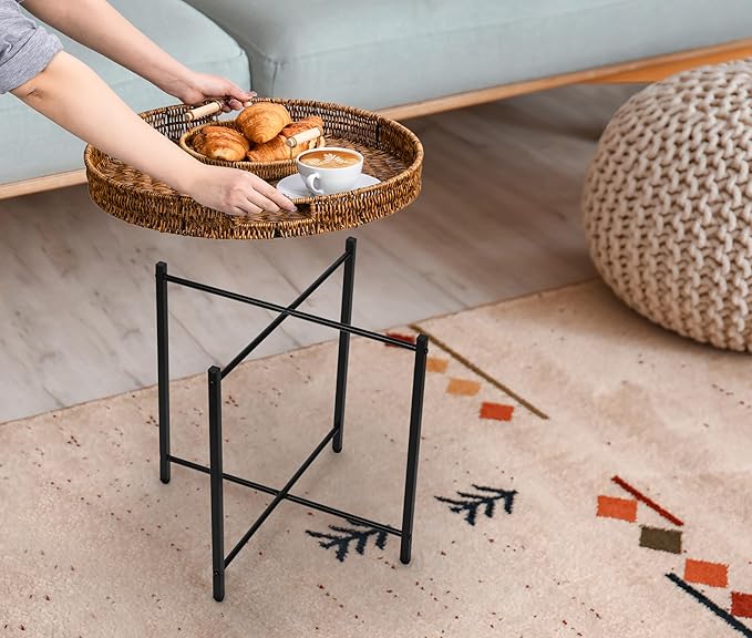 Brown Small Round End Table, 19in Rattan End Tables, Wicker Rattan Side Table, Round Sofa Side Table, Indoor Outdoor Side Tables for Patio, Living Room Bedroom Office