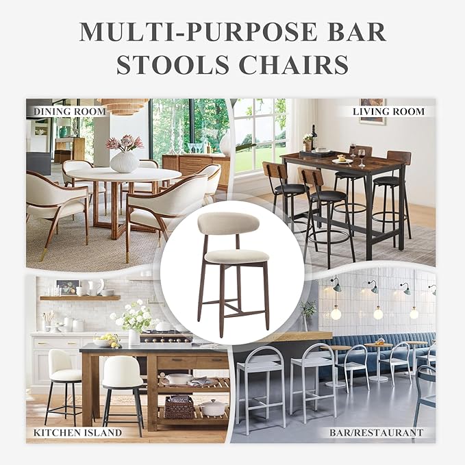 COLAMY Counter Height Bar Stools Set of 3, Kitchen Bar Stools with Back, Mid Century Modern Upholstered, with Wood Legs for Kitchen Island Dining Room, Beige