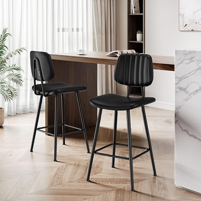 24-Inch Leather Bar Stools Set of 2, Counter Height Barstools with High Backrest，Bar Chairs for Kitchen Island with Heavy Duty Metal Legs, Black