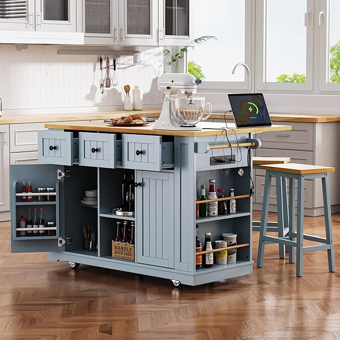 YOTPO 53" Large Kitchen Island with Drop Leaf,Power Outlet & Door Internal Storage Rack,Rolling Kitchen Cart on 5 Wheels W/ 5 Open Side Racks for Kitchen,Dining Room,Grey Blue(Not Include bar stools)
