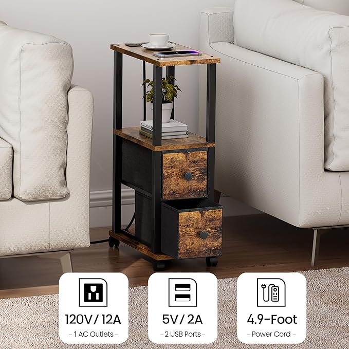 TUTOTAK Small Narrow End Tables, Side Tables with 2 Fabric Drawers, Set of 2, Bedside Tables with Charging Station for Small Spaces, Slim Nightstands with USB Ports and Wheels, TB01BB053C