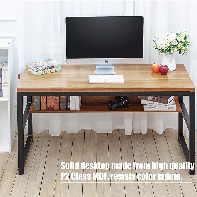 TOPSKY Computer Desk with Bookshelf/Metal Hole Cable Cover 1.18" Thick Desk (55", Oak Brown)