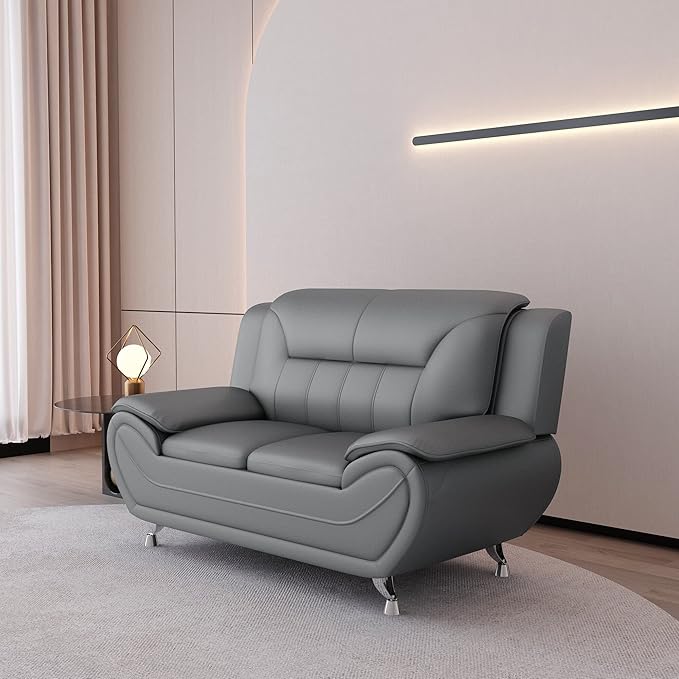 Container Furniture Direct Michael Modern Faux Leather Upholstered Stainless Steel Legs Living Room Loveseat, Sleek Gray