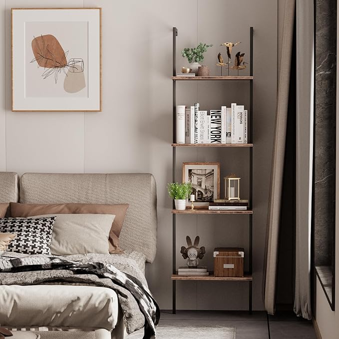 Ladder Shelf 4 Tiers Metal Industrial Bookshelf,Brown Wood Tall Open Storage Rack and Display Shelves,Wall Mount Wide Book Case for Home Office Bedroom,Small
