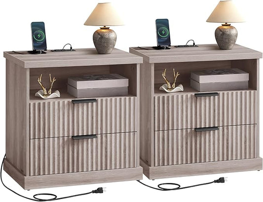 VASAGLE MAXE Collection - Set of 2 Nightstands with Charging Station, Bedside Table, Side End Table with 2 Drawers, Open Shelf, 2 AC Outlets, 2 USB Ports, Transitional, Bedroom, Washed Gray ULET926G01