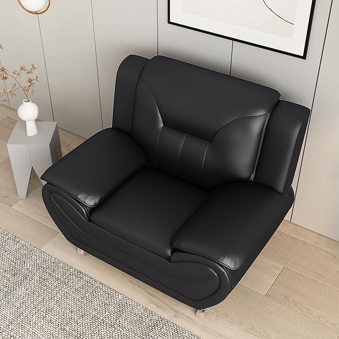 Container Furniture Direct Michael Modern Faux Leather Upholstered Stainless Steel Legs Living Room, Chair, Midnight Black