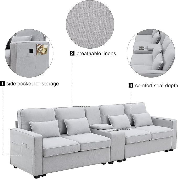 114.2" Linen Upholstered Sofa with Console and 2 USB Ports Wired or Wirelessly Charged,Modern 4-Seat Couches W/ 4 Pillows and Two Cupholders,for Living Room,Apartment,Light Gray