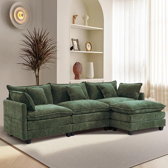 Furniliving 112‘’ L-Shaped Sofa, Luxury Chenille Modular Sectional Couches with Ottoman, Upholstered Deep Seat Sleeper Sofa with Memory Foam and Waist Pillows, Green