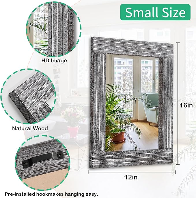 Rustic Wall Mirror Farmhouse, with Frame Wood Wall Mirror Rectangle Antique Decor Hanging Mirror for Bathroom Living Room Bedroom Entryway Small 16" x 12 "