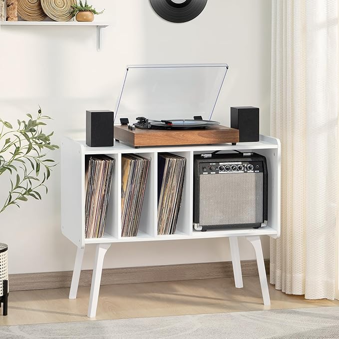 Lerliuo Record Player Stand with 4 Cabinet Holds Up to 220 Albums, Large Turntable Stand with Beech Wood Legs, Mid-Century Record Player Table,White Vinyl Holder Storage Shelf for Bedroom Living Room