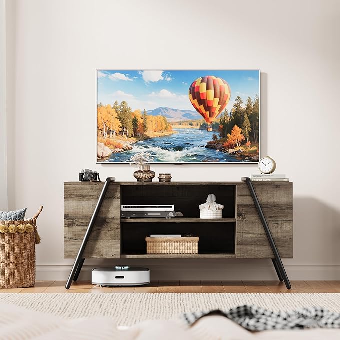 TV Stand for 60 55 50 45 Inch TV, 47" Mid Century Modern Entertainment Center with Adjustable Open Shelves & Metal Legs, Industrial Media Console Table for Living Room, Oak