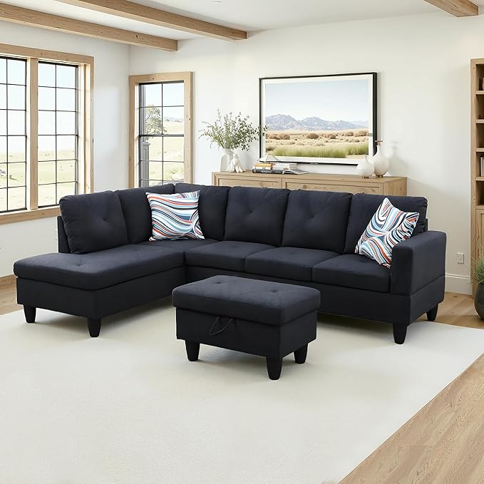 NicBex Sectional Couch 3 Pieces Sofa Set with Right Chaise Linen L Shaped Cloud Couch for Living Room Furniture Sets with Storage Ottoman, Modular Sofa for Living Room & Apartment, Black Grey