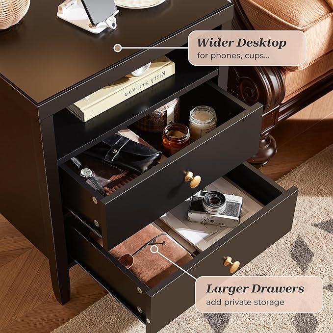 Huuger Black Nightstand Set of 2, Night Stand with Charger Station, Bedside Table with 2 Drawers, Bed Side Tables for Bedroom, Modern Nightstands, Metal Knobs, Painted Surface