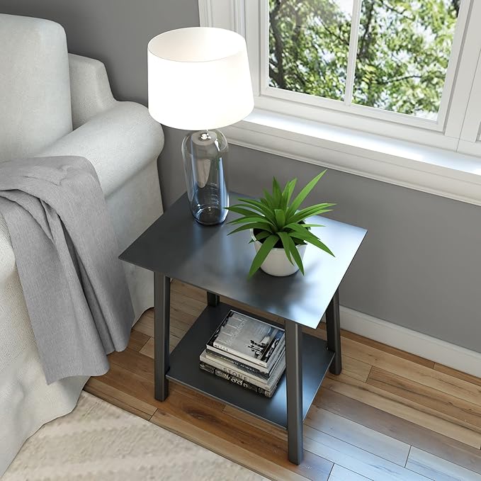Plank+Beam Wooden Side Table with Storage, Mid Century Modern End Tables for Living Room, Small Solid Wood Nightstand, Bedside Tables, Bedroom Furniture, Black