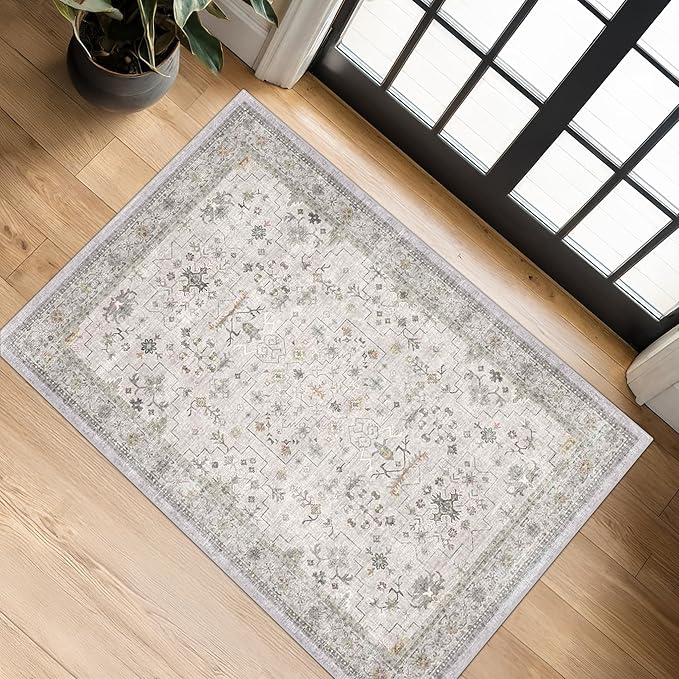 Light Grey Boho Bathroom Rug 2x3 - Modern Vintage Eclectic Floral Pastel Neutral Taupe, Washable Low Pile Non-Slip Small Throw Area Rugs for Entryway Door Mat Indoor Entrance, Kitchen
