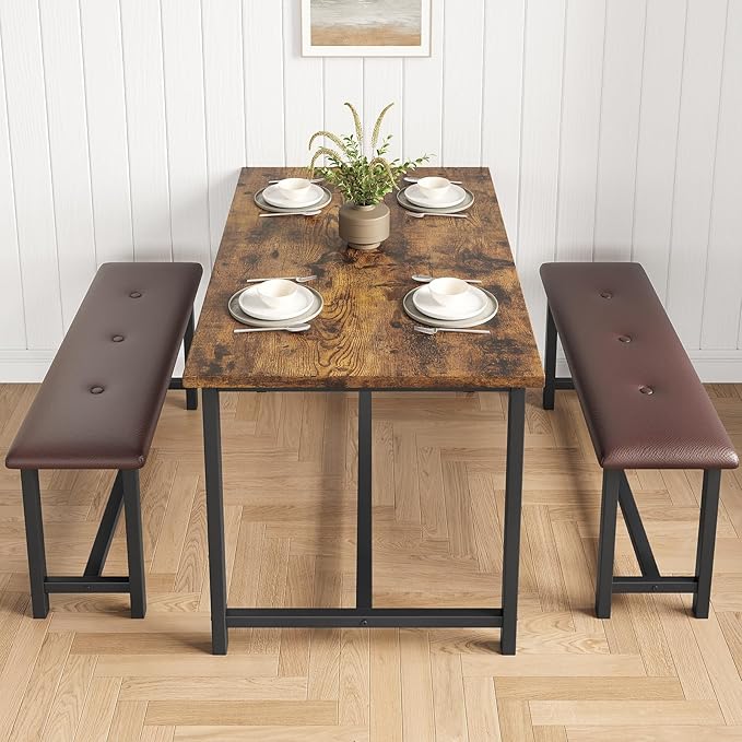 Garvee Dining Table with 2 Benches, Kitchen Table with 2 Upholstered Benches Rectangular Space Saving for Apartment, Dining Room, Kitchen, 44.5 Inches Large, Rustic Brown