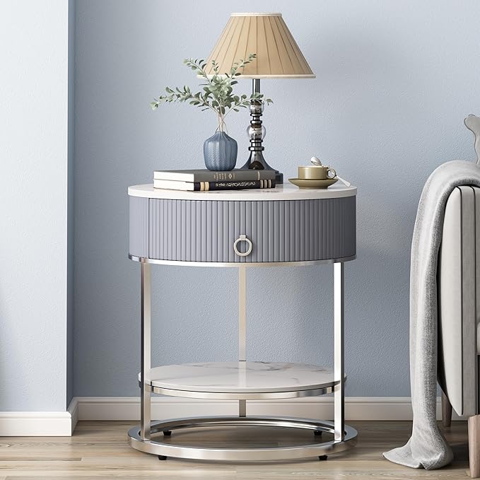 OIOG Modern End Table with Drawer, 2 Tier Side Table with Shelf, Round Nightstand with Sintered Stone Tabletop and Chrome Legs for Living Room, Bedroom, Home Office, Dorm, Silver