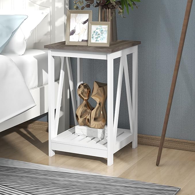 Farmhouse Square End Table, Accent Side Table with Slats Design, Sofa Side Table with Sturdy Frame for Living Room, Dark Grey
