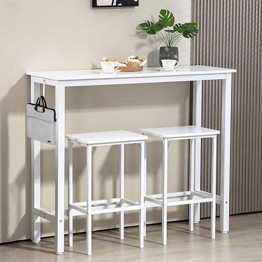 Finnhomy 47" Industrial Bar Table Set with 2 Stools - Counter Height Dining & Pub Table for Small Spaces, Kitchen, Apartment, Breakfast Nook - Metal & Wood, Space-Saving Furniture - White