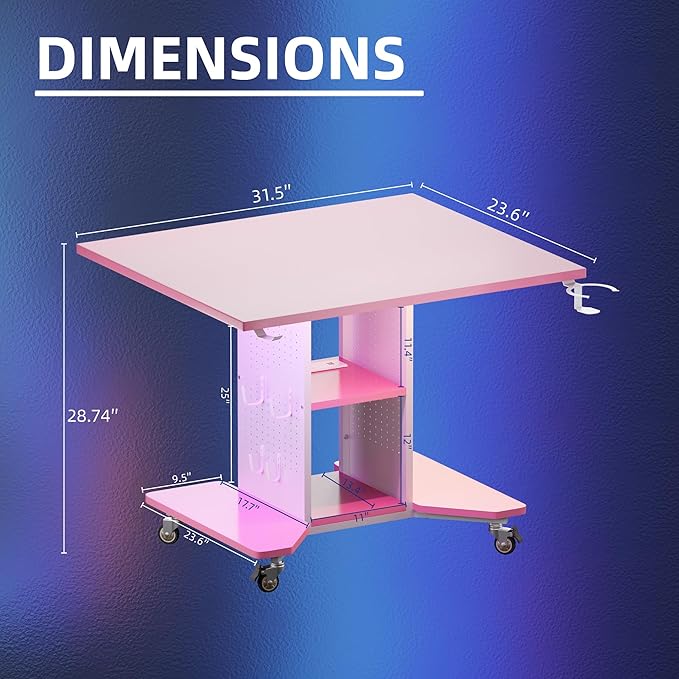 Pamray Small Rolling Gaming Desk with Led Lights Power Outlets and Storage Pegboard, Small Spaces Compact PC Computer Table Pink