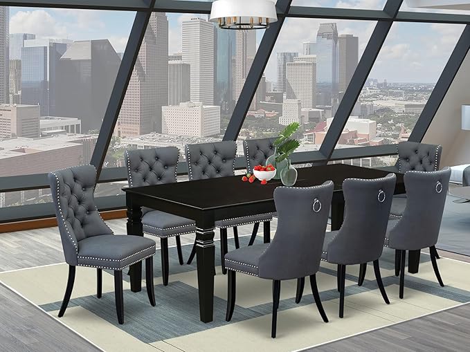 East West Furniture LGDA9-BLK-13 9 Piece Dining Set Includes a Rectangle Kitchen Table with Butterfly Leaf and 8 Polyester Fabric Upholstered Chairs, 42x84 Inch, Black