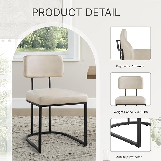 Dining Chairs Set of 6, Upholstered Modern Kitchen Chairs with Ergonomic Backrest, Faux Leather Cushion Seat & Metal Legs for Living Room, Restaurant, and Café, Beige, 2 Boxs