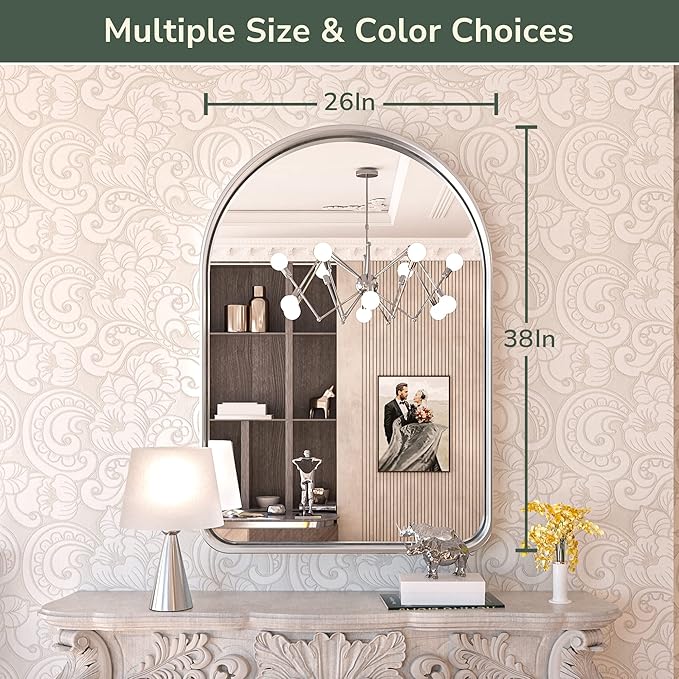 TokeShimi Arched Brushed Silver Bathroom Mirror 26x38 Inch with Non-Rusting Aluminum Alloy Matte Framed for Vanity Farmhouse Modern Minimalist Bathroom, Entryway Hall, Living Room, Bedroom