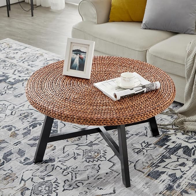 RANDEFURN Round Coffee Table, Seagrass Coffee Solid Pine Wood X Base Frame Cocktail Table, Easy Assembled, Multiple Sizes for Living Room, 32 x 17 Inches,Gold