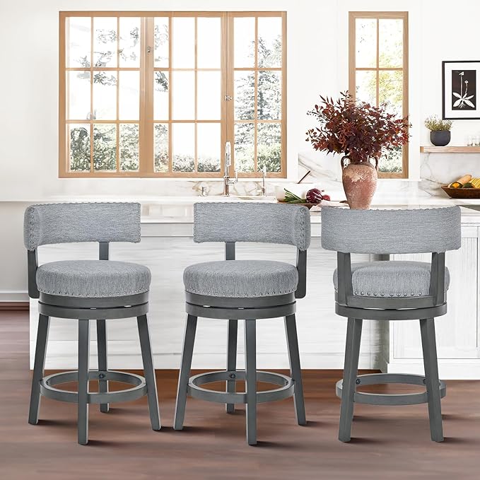 COLAMY Swivel Counter Height Bar Stools Set of 3, 25 Inch Modern Upholstered Kitchen Island Barstools with Back, Wood Swivel Bar Chairs for Counter Bar Dining Room, Grey