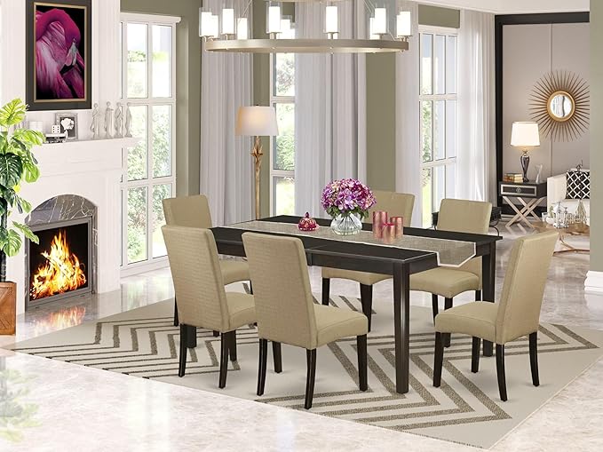 East West Furniture HEDR7-CAP-03 7 Piece Kitchen Table & Chairs Set Consist of a Rectangle Dining Table with Pedestal and 6 Brown Linen Fabric Parson Chairs, 42x72 Inch, Cappuccino